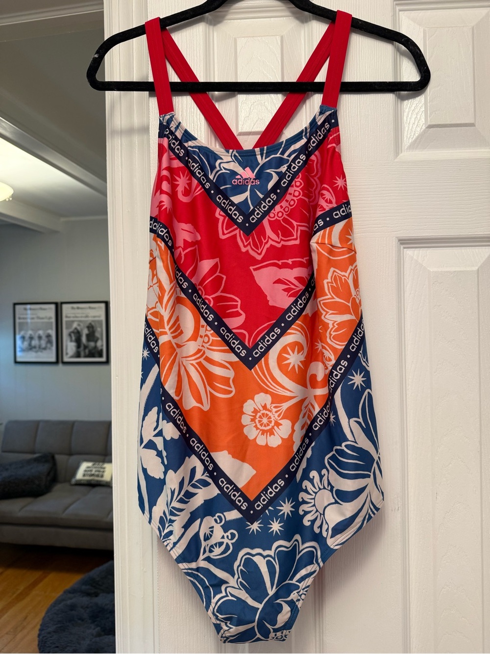adidas x farm Colorblock Floral One-Piece Swimsuit in Red, Orange, Blue